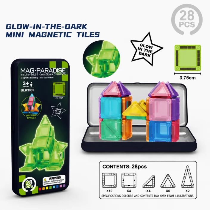 3069 MAG-PARADISE Glow-in-the-Dark Mini Magnetic Tiles 28PCS Tin Box Set