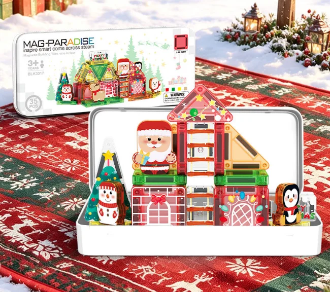 35-piece Christmas Santa's Workshop magnetic tile Travel Set in a reusable tin box