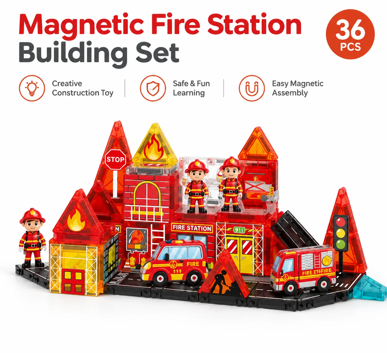 36-piece Magnetic Fire Station building set in a reusable tin box
