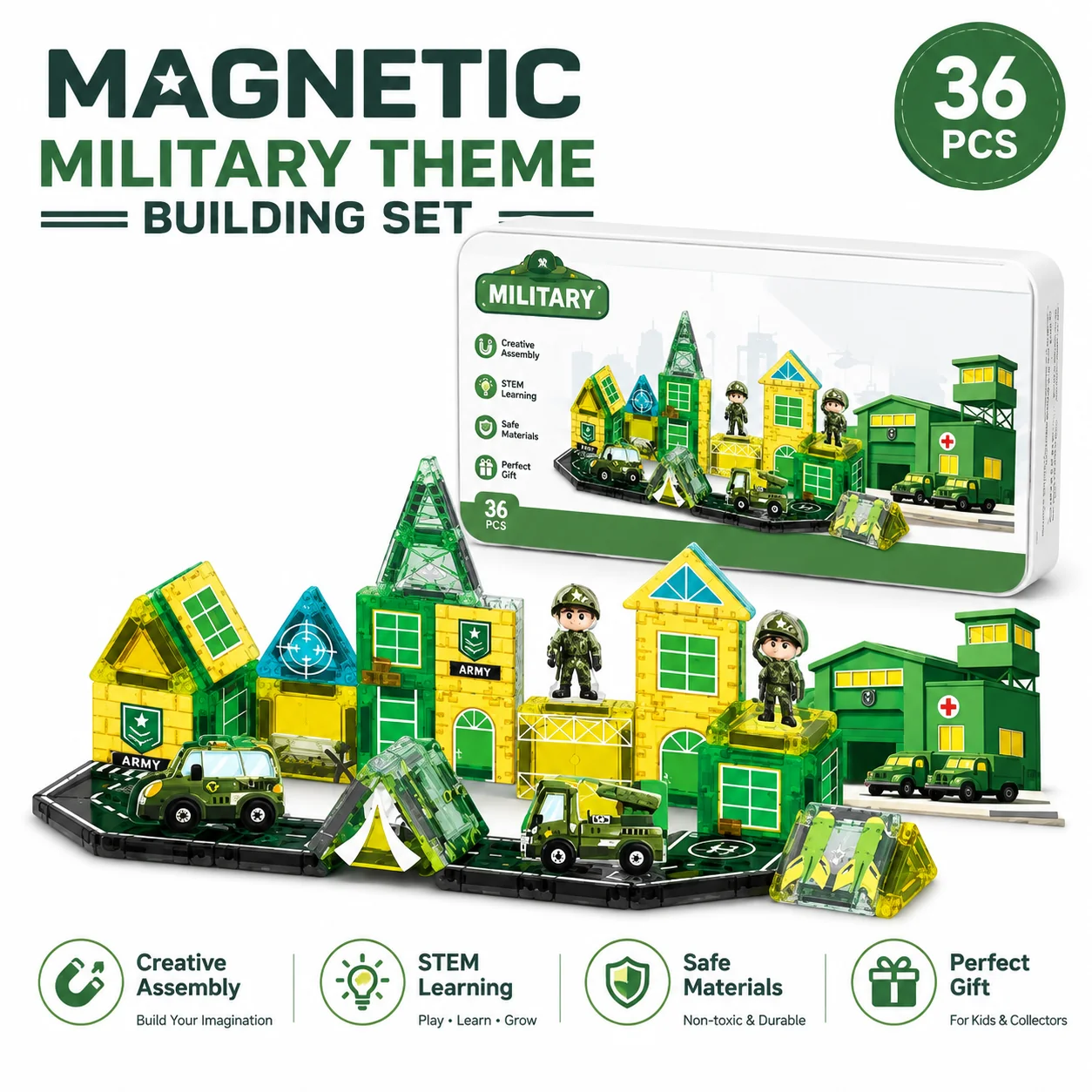 36-piece Military Base magnetic building blocks Travel Set in a reusable tin box