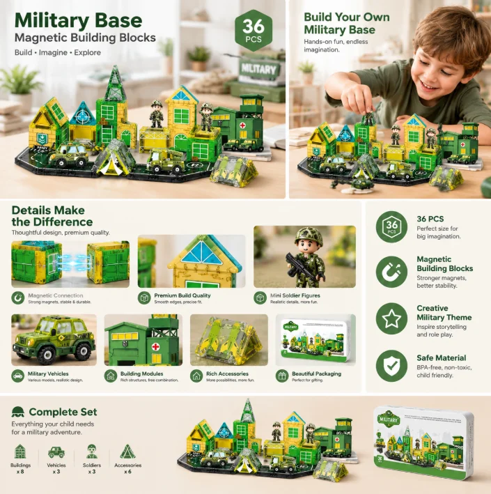 36PCS Military Base Magnetic Building Blocks Tin Box Travel Set