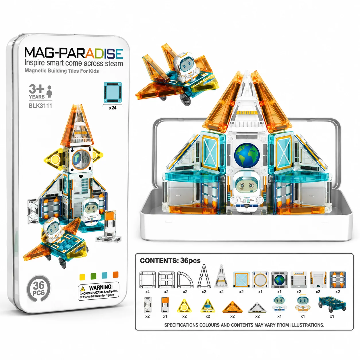 36-piece Space Explorer magnetic tiles Travel Set in a reusable tin box