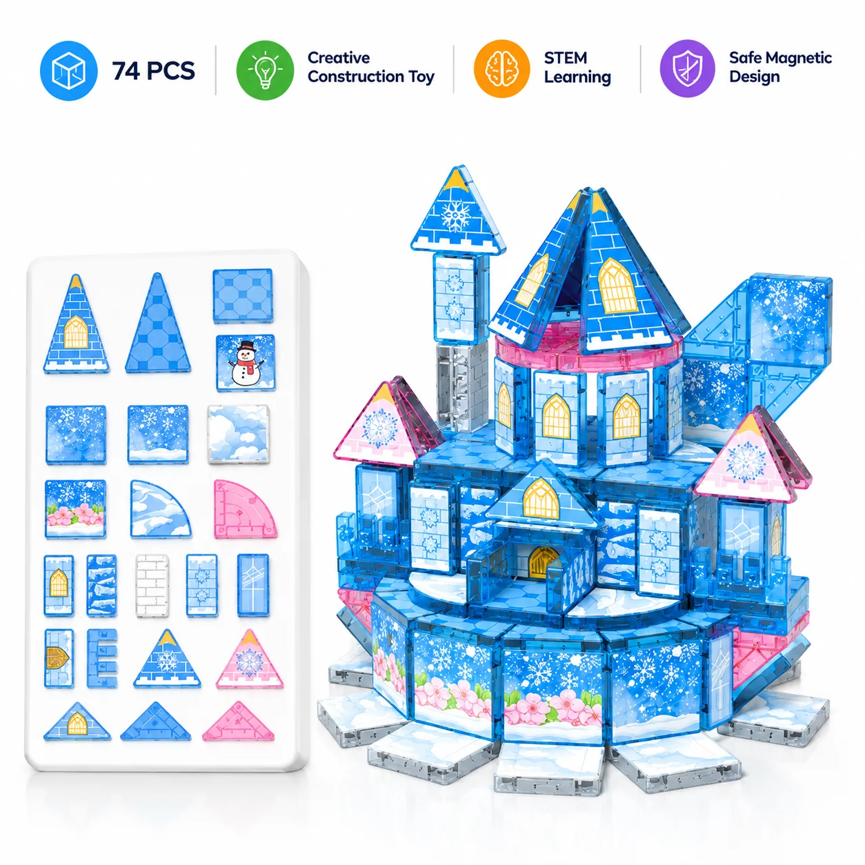 74-piece winter castle magnetic building blocks in reusable tin boxes