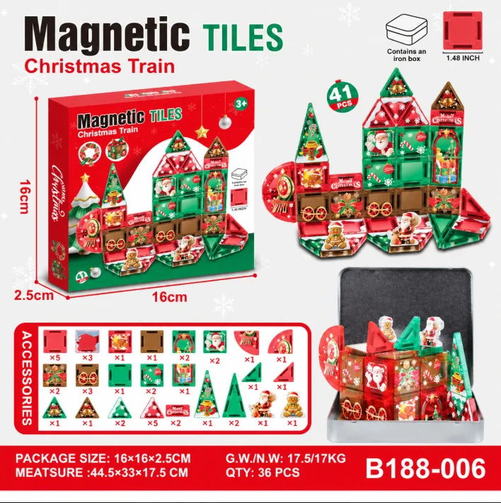 MAG-PARADISE Christmas Train Magnetic Tiles 41PCS Tin Box + Color Box Set